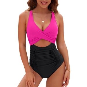 Blooming Jelly Womens XL Neon Pink Black Ruched Cutout One Piece Swimsuit NWT